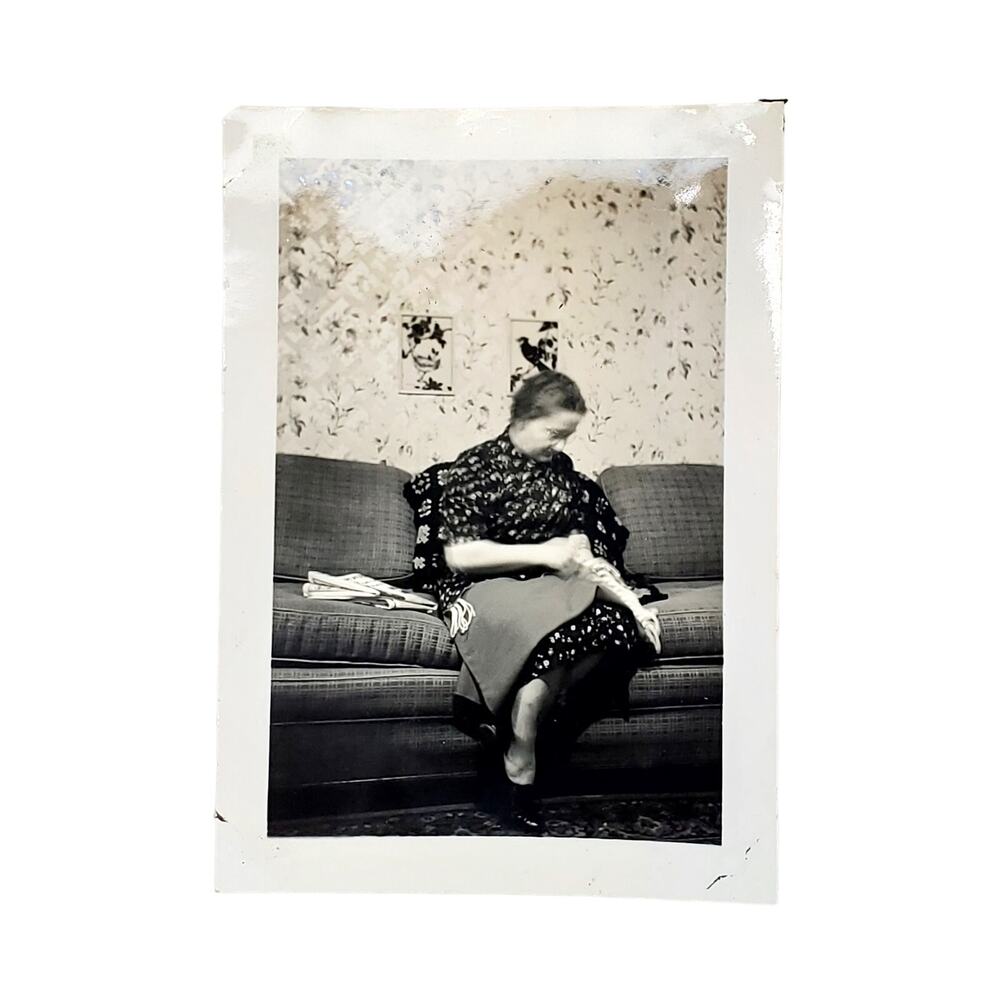 Vtg Lady Sewing Blurry Original Monochrome Photography Found Snapshot Portrait